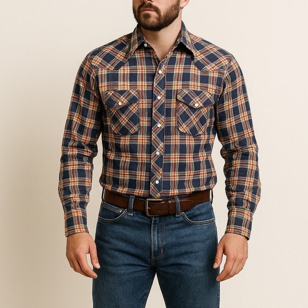Vintage 70s Men's Plaid Pearl Snap Shirt Size 38 Blue Yellow Americana 38 Unisex - Picture 17 of 17